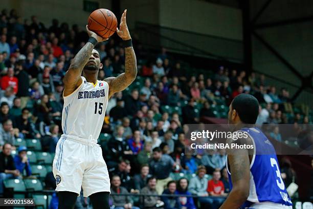 Joel Wright of the Iowa Energy shoots against Devin Ebanks of the Grand Rapids Drive during the first half of an NBA D-League game on December 19,...