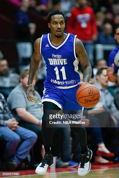 Brandon Jennings of the Grand Rapids Drive brings the ball up court against the Iowa Energy during the first half of an NBA D-League game on December...