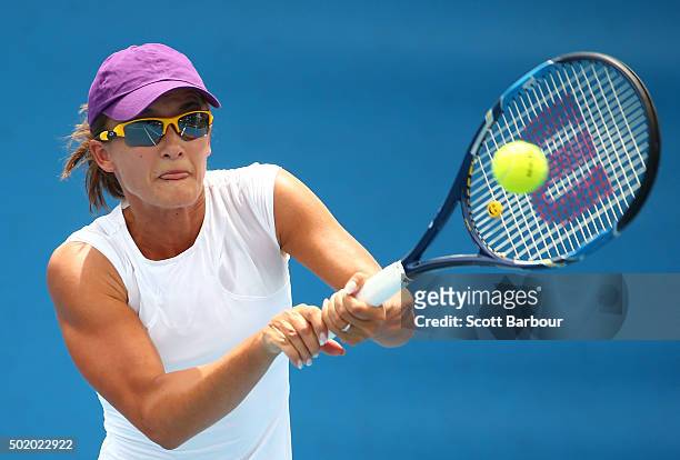 Arina Rodionova of Victoria plays a backhand during the Women's Australian Open 2016 Singles Play-off final between Arina Rodionova of Victoria and...