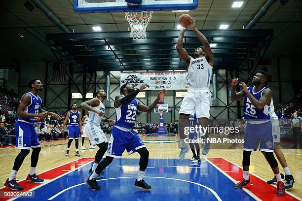 Alex Stepheson of the Iowa Energy shoots against Branden Dawson and Reggie Bullock of the Grand Rapids Drive during the second half of an NBA...