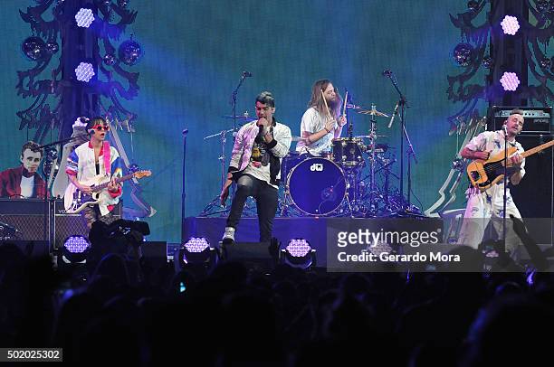 Joe Lawless, Joe Jonas, JinJoo Lee and Cole Whittle of DNCE perform onstage during 93.3 FLZ's Jingle Ball 2015 Presented by Capital One at Amalie...
