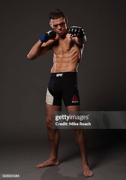 Nate Diaz poses for a post fight portrait backstage during the UFC Fight Night event at the Amway Center on December 19, 2015 in Orlando, Florida.