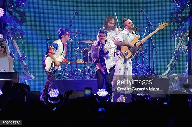 Joe Lawless, Joe Jonas, JinJoo Lee and Cole Whittle of DNCE perform onstage during 93.3 FLZ's Jingle Ball 2015 Presented by Capital One at Amalie...