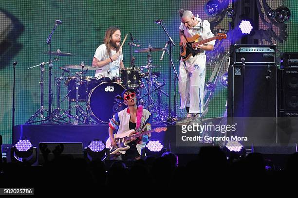 Joe Lawless, JinJoo Lee and Cole Whittle of DNCE perform onstage during 93.3 FLZ's Jingle Ball 2015 Presented by Capital One at Amalie Arena on...