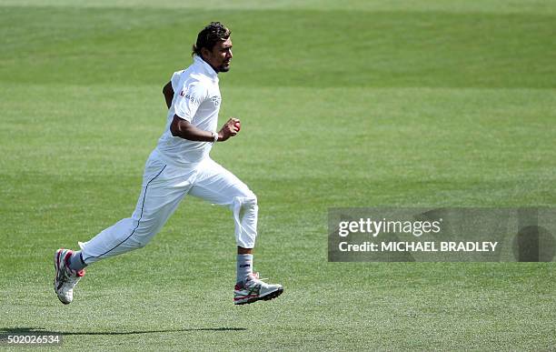 Suranga Lakmal of Sri Lanka bowls on day three of the second Test cricket match between New Zealand and Sri Lanka at Seddon Park in Hamilton on...