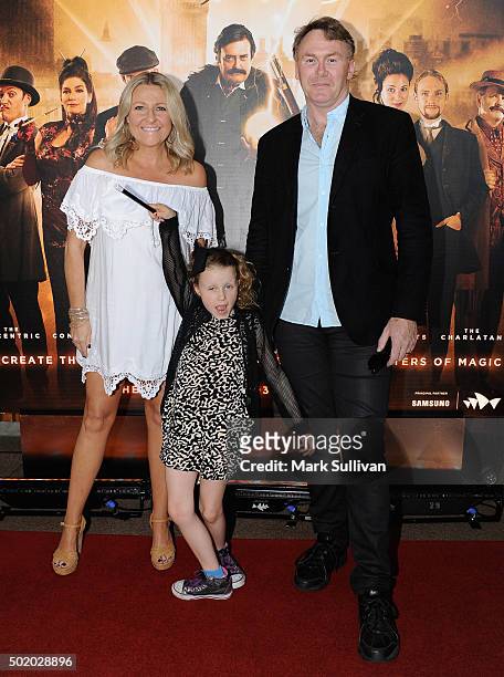 Angela Bishop with husband Peter Baikie and daughter Amelia arrive ahead of the Illusionists 1903 opening night at Sydney Opera House on December 20,...
