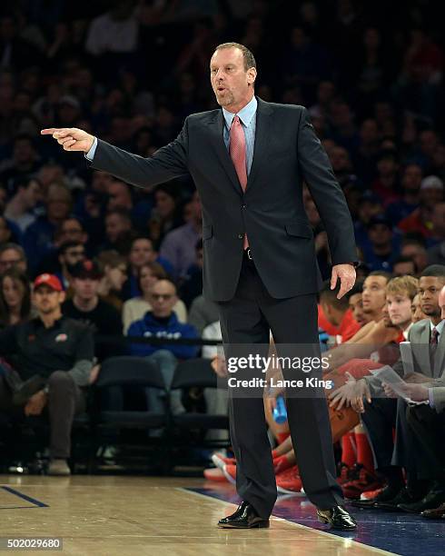 Head Coach Larry Krystkowiak of the Utah Utes directs his team against the Duke Blue Devils during the Ameritas Insurance Classic at Madison Square...