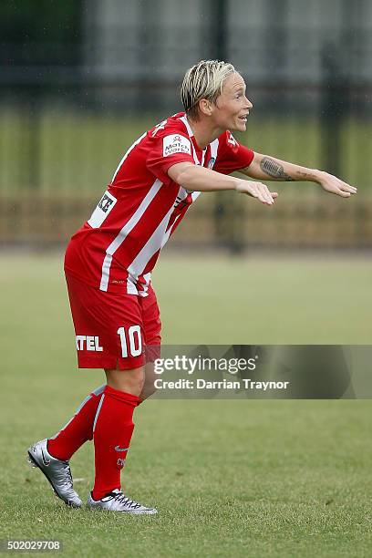 Jess Fishlock of Melbourne City celebrates a goal during the round 10 W-League match between Melbourne City FC and Perth Glory at C.B.Smith Reserve...