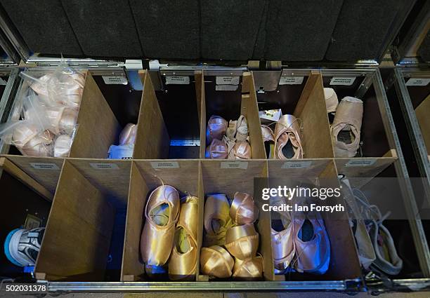 Pointe shoes are stored in a box as final preparations take place at the Grand Theatre ahead of a performance of The Nutcracker by Northern Ballet on...