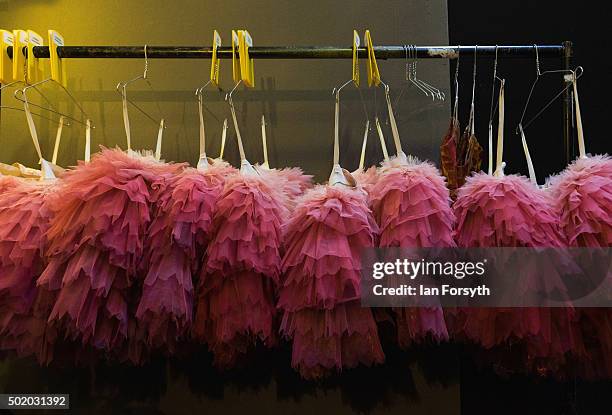 Tutu's hang from a rail as final preparations take place ahead of a performance at the Grand Theatre of The Nutcracker by Northern Ballet on December...