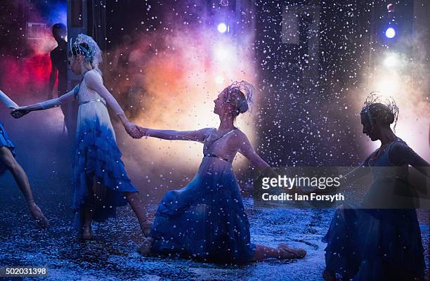 Ballet dancers performing as the snow maidens dance in The Nutcracker by Northern Ballet at the Grand Theatre on December 18, 2015 in Leeds, England....