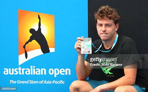 James Duckworth of New South Wales poses with his Australian Open accreditation after the Men's Australian Open 2016 Singles Play-off final between...