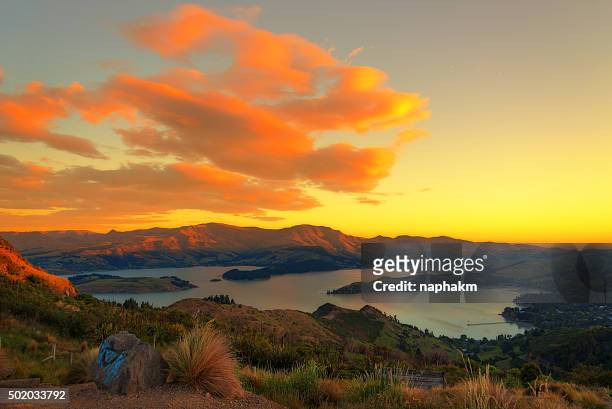 sunset at port hills observation point christchurch - port hills stock pictures, royalty-free photos & images