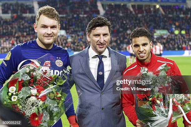 Goalkeeper Jeroen Zoet of PSV, Luc Nilis, Adam Maher of PSV 100th match PSV during the Dutch Eredivisie match between PSV Eindhoven and PEC Zwolle at...