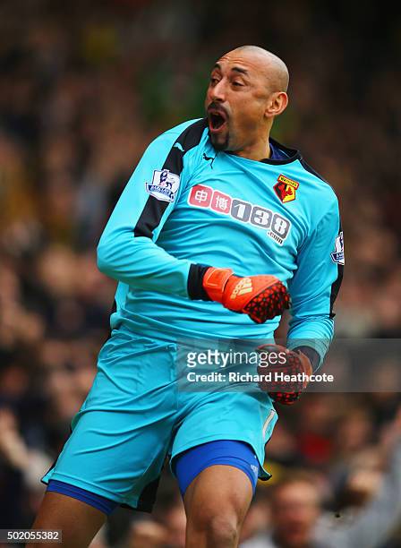 Heurelho Gomes of Watford celebrates as Odion Ighalo of Watford scores their second goal during the Barclays Premier League match between Watford and...