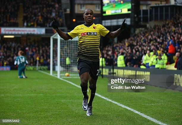 Odion Ighalo of Watford celebrates as he scores their second goal during the Barclays Premier League match between Watford and Liverpool at Vicarage...