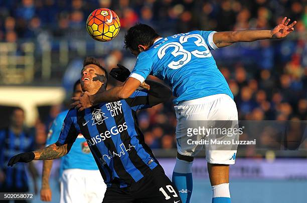 German Gustavo Denis of Atalanta BC competes for the ball with Raul Albiol of SSC Napoli during the Serie A match between Atalanta BC and SSC Napoli...
