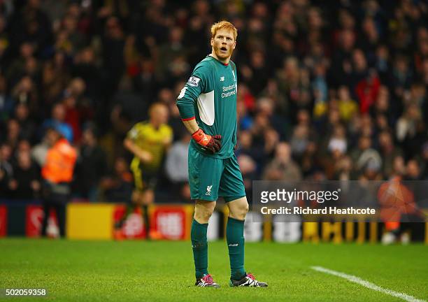 Adam Bogdan of Liverpool looks dejected as Odion Ighalo of Watford scores their third goal during the Barclays Premier League match between Watford...