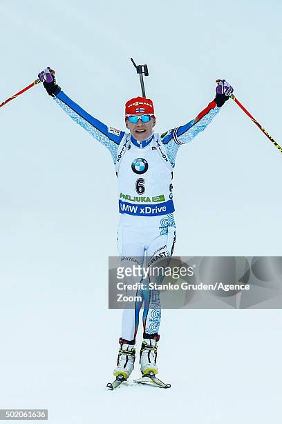 Kaisa Makarainen of Finland takes 1st place during the IBU Biathlon World Cup Men's and Women's Mass Start on December 20, 2015 in Pokljuka, Slovenia.