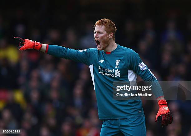 Adam Bogdan of Liverpool shouts during the Barclays Premier League match between Watford and Liverpool at Vicarage Road on December 20, 2015 in...