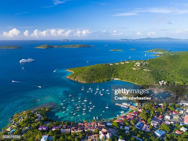 aerial view of cruz bay, st.john in us virgin islands - maagdeneilanden stockfoto's en -beelden