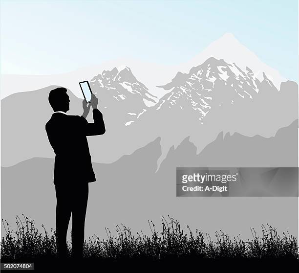 taking pictures of a mountain with my tablet - people standing in field stock illustrations