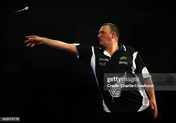 Rob Szabo of New Zealand in action during his preliminary round match against Michael Rasztovits of Austria during the 2016 William Hill PDC World...