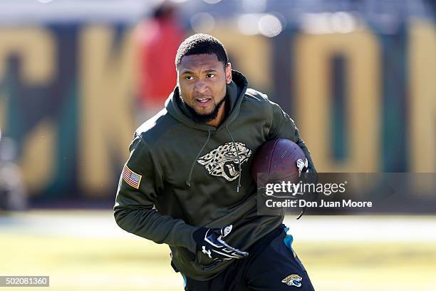 Wide Receiver Rashad Greene of the Jacksonville Jaguars warms up before the game against the Atlanta Falcons at EverBank Field on December 20, 2015...