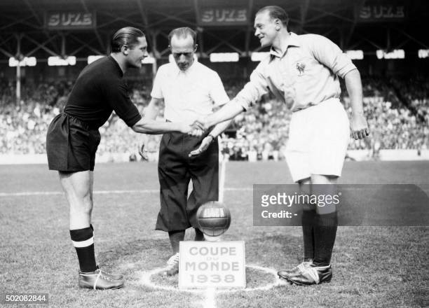 French captains French Etienne Mattlerand Italian Giuseppe Meazza greet each other before the quarter-final match France - Italy of the World Cup, on...
