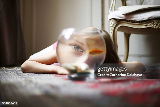 a 7 years girl with her goldfish - animals in captivity stock-fotos und bilder