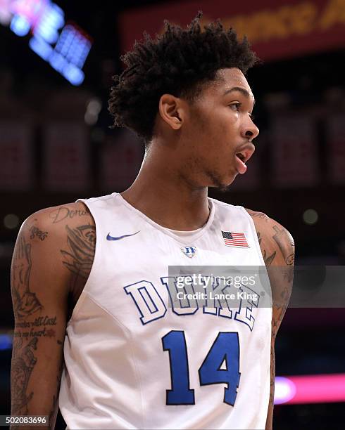 Brandon Ingram of the Duke Blue Devils looks on against the Utah Utes during the Ameritas Insurance Classic at Madison Square Garden on December 19,...