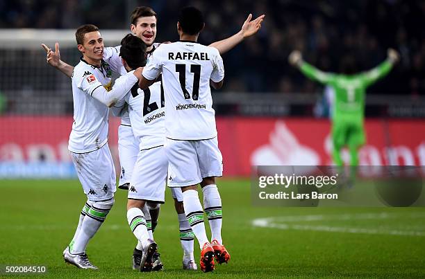 Havard Nordtveit of Moenchengladbach celebrates with team mates after scoring his teams second goal during the Bundesliga match between Borussia...