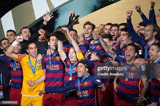 Players of Barcelona FC celebrate after winning the FIFA Club World Cup Final match between Barcelona and River Plate at International Stadium...