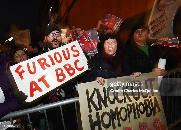Lesbian, Gay, Bisexual and Transgender supporters protest at the BBC Sports Personality of the Year awards taking place at the SSE Arena on December...