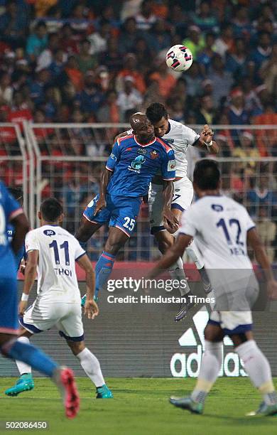 Goa player Dudu Omagbemi vying for ball with Chennaiyin FC player Maílson Alves during ISL Final match at Jawaharlal Nehru Stadium on December 20,...