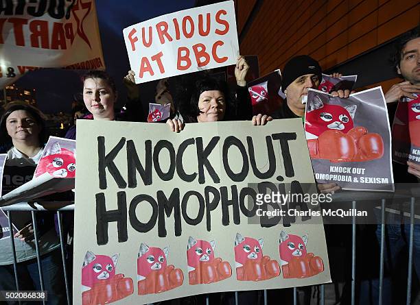 Lesbian, Gay, Bisexual and Transgender supporters protest at the BBC Sports Personality of the Year awards taking place at the SSE Arena on December...
