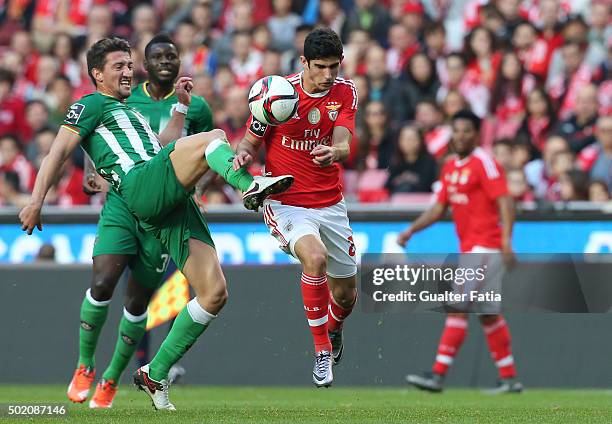Benfica's midfielder Goncalo Guedes with Rio Ave FC's midfielder Pedro Moreira in action during the Primeira Liga match between SL Benfica and Rio...