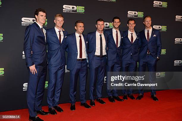 The Great Britain Davis Cup tennis team with Andy Murray on the red carpet before the BBC Sports Personality of the Year award at Odyssey Arena on...