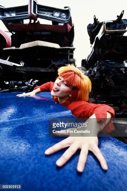 English singer and actress Toyah Willcox at a scrapyard in Battersea, London, July 1980.