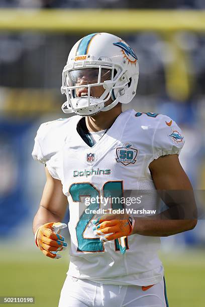 Cornerback Brent Grimes of the Miami Dolphins warms up before a game against the San Diego Chargers at Qualcomm Stadium on December 20, 2015 in San...