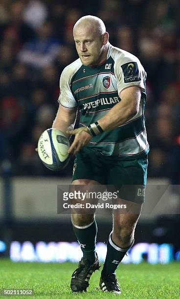Dan Cole of Leicester passes the ball during the European Rugby Champions Cup match between Leicester Tigers and Munster at Welford Road on December...