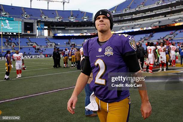 Quarterback Jimmy Clausen of the Baltimore Ravens walks off the field following the Ravens 34-14 loss to the Kansas City Chiefs at M&T Bank Stadium...