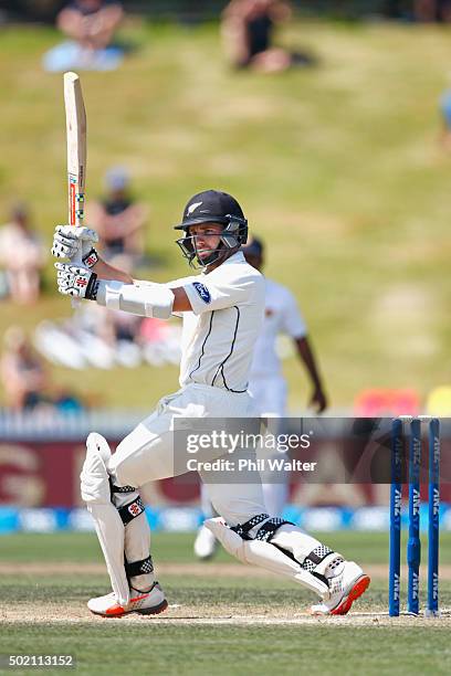 Kane Williamson of New Zealand hits a four to bring up his century during day four of the Second Test match between New Zealand and Sri Lanka at...