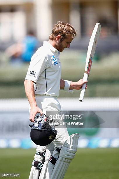 Kane Williamson of New Zealand leaves the field at the end of day four of the Second Test match between New Zealand and Sri Lanka at Seddon Park on...