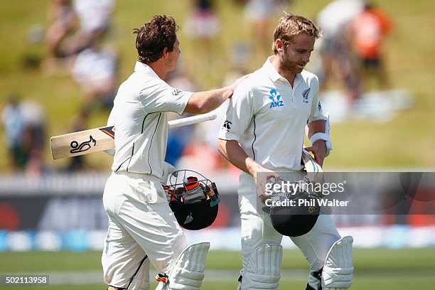 Watling and Kane Williamson of New Zealand leave the field at the end of day four of the Second Test match between New Zealand and Sri Lanka at...