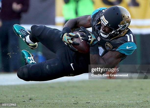 Marqise Lee of the Jacksonville Jaguars makes a reception during the game against the Atlanta Falcons at EverBank Field on December 20, 2015 in...