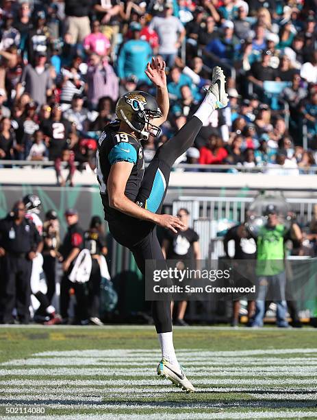 Bryan Anger of the Jacksonville Jaguars punts during the game against the Atlanta Falcons at EverBank Field on December 20, 2015 in Jacksonville,...