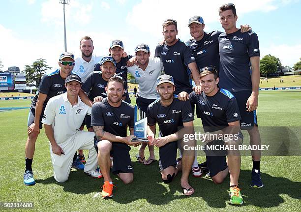 New Zealand celebrate winning the series on day four of the second Test cricket match between New Zealand and Sri Lanka at Seddon Park in Hamilton on...