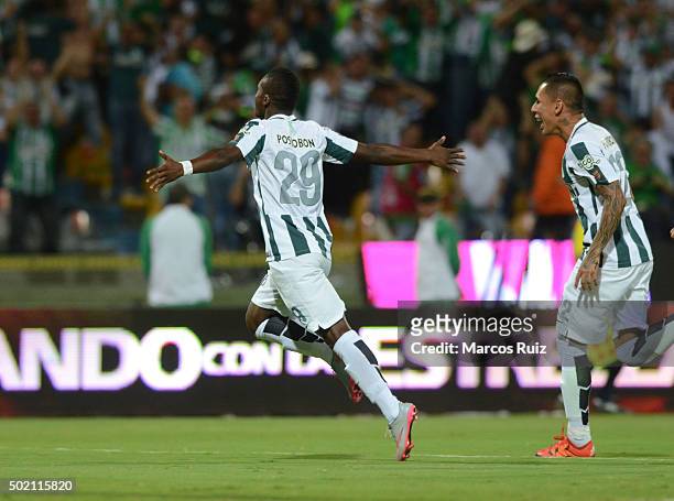 Marlos Moreno of Atletico Nacional celebrates after scoring the first goal of his team during a second leg final match between Atletico Nacional and...