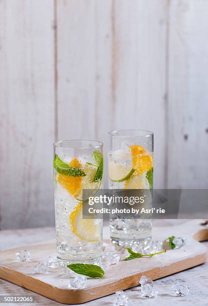 lime, lemon , orange mojito - sparkling water imagens e fotografias de stock
